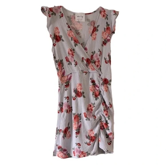 Sadie & Sage | Gray Grandma Floral Crepe Ruched Mini Dress, Large - Picture 1 of 8